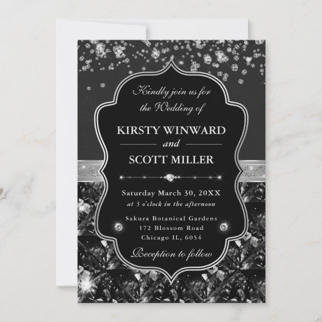 Invitation Mariage Élégant Noir et Argent avec Diamants (Devant)