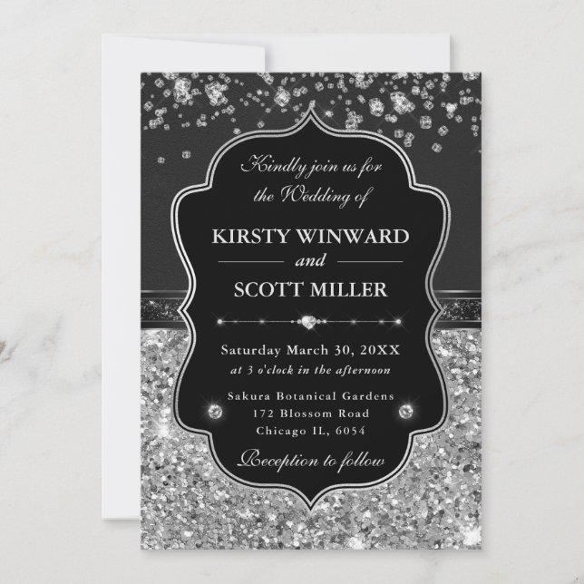 Invitation Mariage Élégant Noir et Argent avec Diamants (Devant)