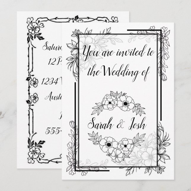 Invitation Mariage Élégant Noir et Blanc (Devant / Derrière)