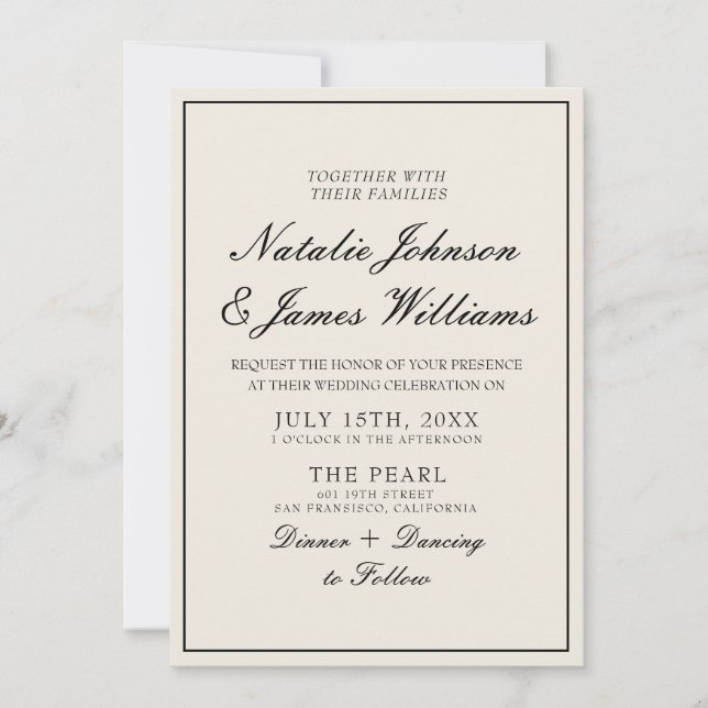 Invitation Mariage élégant noir et blanc à l'ancienne avec co (Devant)