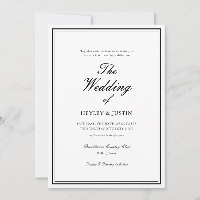 Invitation Mariage Élégant Noir et Blanc Classique (Devant)