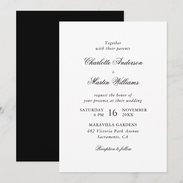 Invitation Mariage élégant noir et blanc en écriture script (Devant / Derrière)