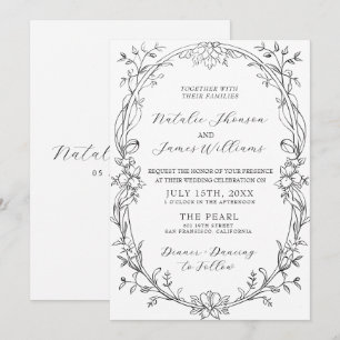 Invitation Mariage Élégant Noir Et Blanc Floral Old Money