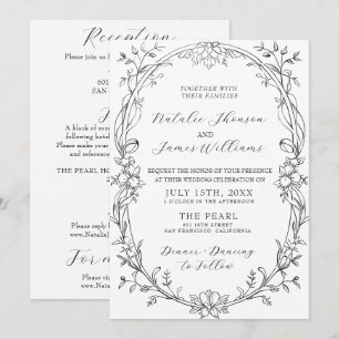 Invitation Mariage Élégant Noir Et Blanc Floral Tout En Un