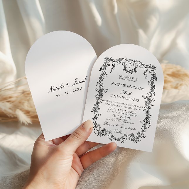 Invitation Mariage Élégant Noir Et Blanc Monogrammé Arqué (Créateur téléchargé)