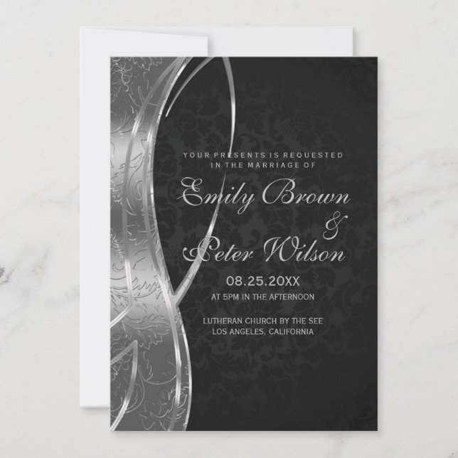 Invitation Mariage Élégant Noir Et Gris Argent Damassé (Devant)