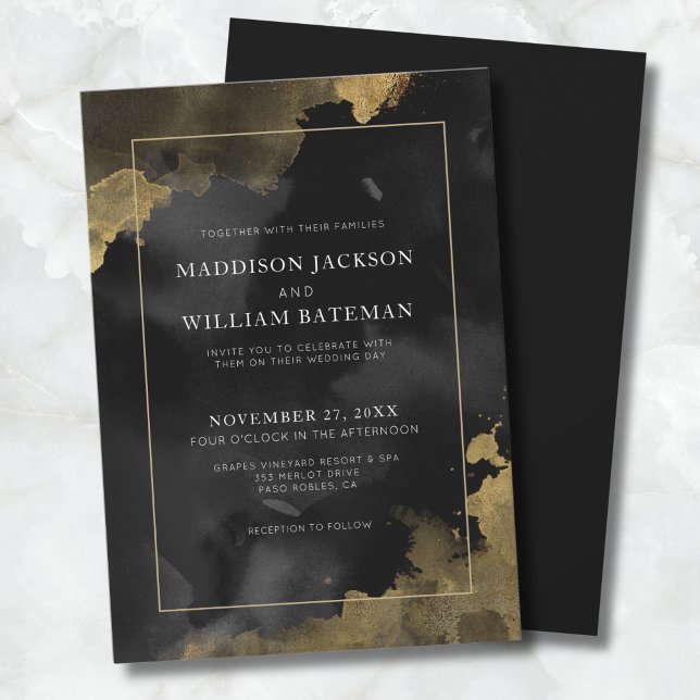 Invitation Mariage Élégant Noir et Or (Elegant Watercolor Black Gold Wedding Invitation)