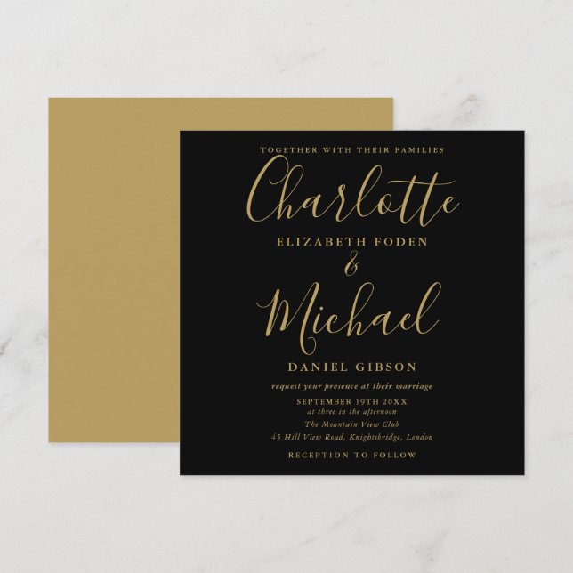 Invitation Mariage élégant noir et or avec signature script (Devant / Derrière)
