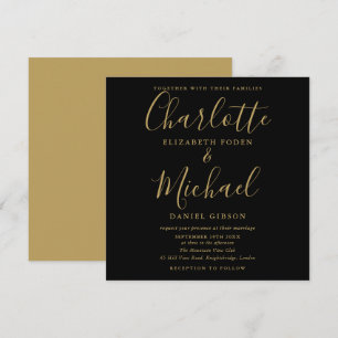 Invitation Mariage élégant noir et or avec signature script