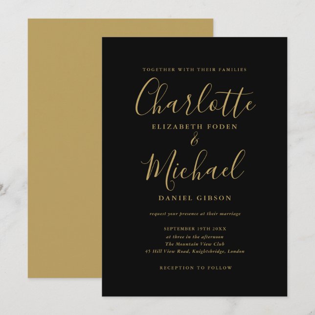 Invitation Mariage Élégant Noir et Or Signature Script (Devant / Derrière)