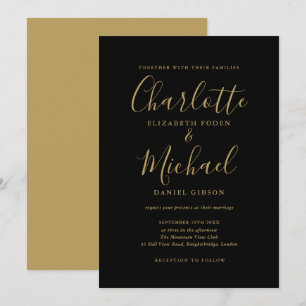 Invitation Mariage Élégant Noir et Or Signature Script