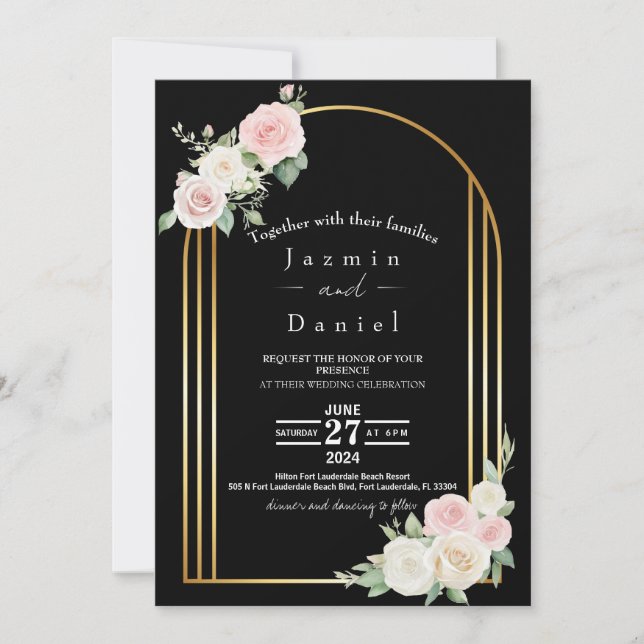 Invitation Mariage Élégant Noir Or Archée Rouge & Rose Crème (Devant)