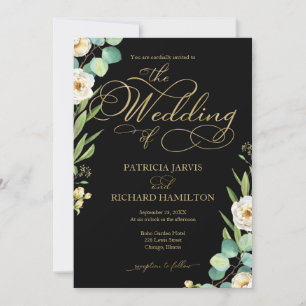 Invitation Mariage Élégant Noir Or Feuille Script Végétal