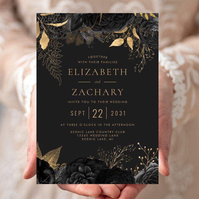 Invitation Mariage Élégant Noir Or Fleur Foncé (Créateur téléchargé)