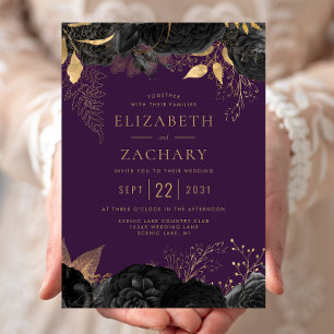 Invitation Mariage Élégant Noir Or Floral Violet