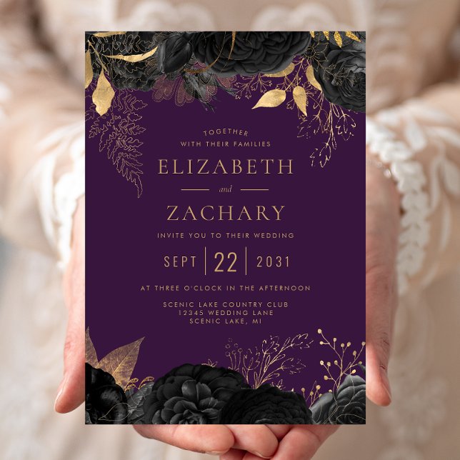 Invitation Mariage Élégant Noir Or Floral Violet (Créateur téléchargé)
