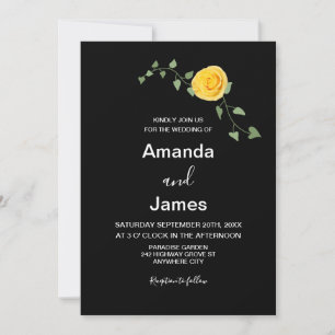 Invitation Mariage élégant noir Rose jaune et Vigne verte