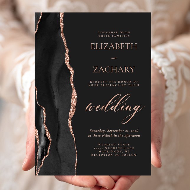 Invitation Mariage élégant noir rose or agate foncé (Créateur téléchargé)
