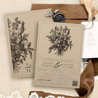 Invitation Mariage Élégant Noir Vintage Floral Kraft Rustique