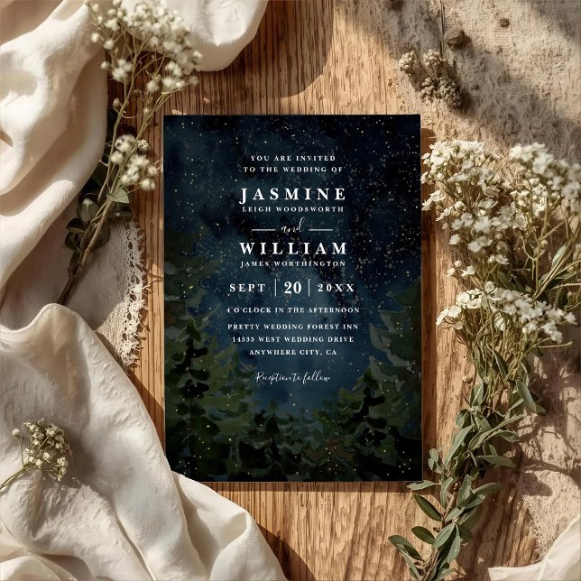 Invitation Mariage Élégant Nuit Ciel de Forêt Rustique Code Q (Créateur téléchargé)