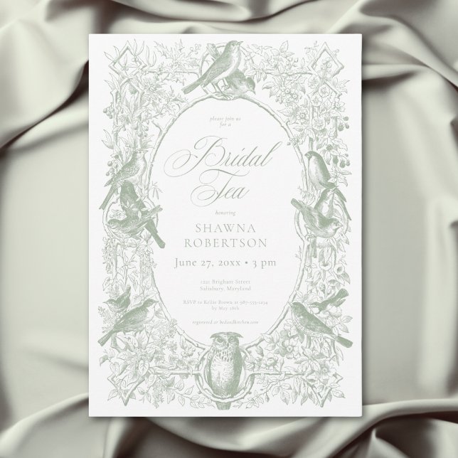 Invitation Mariage Élégant Oiseaux Verts Shower (Elegant Green Chinoiserie Nature Birds Bridal Tea Invitation)