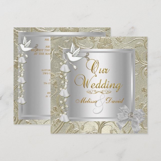 Invitation Mariage élégant or argent blanc colombe (Devant / Derrière)