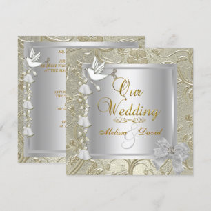Invitation Mariage élégant or argent blanc colombe