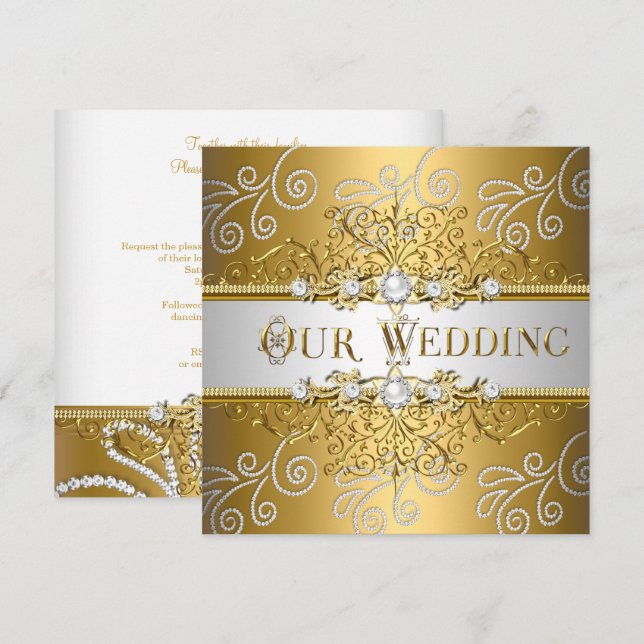 Invitation Mariage Élégant Or Argent Dentelle Diamant (Devant / Derrière)