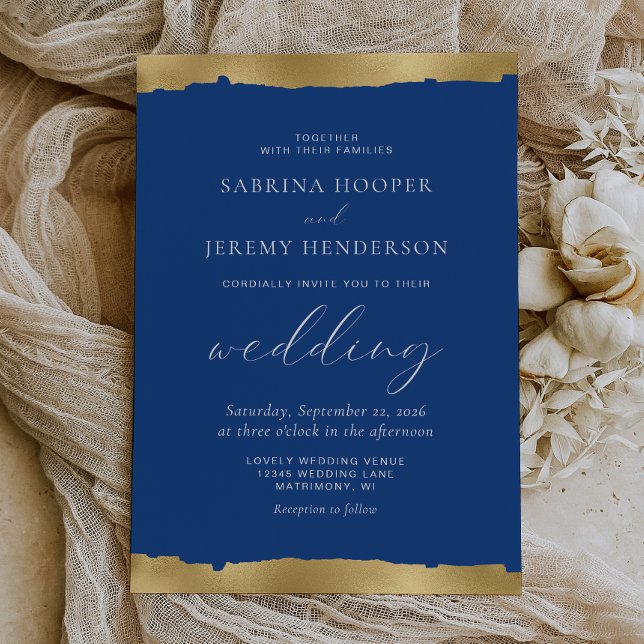 Invitation Mariage élégant or bord déchiré bleu indigo (Créateur téléchargé)