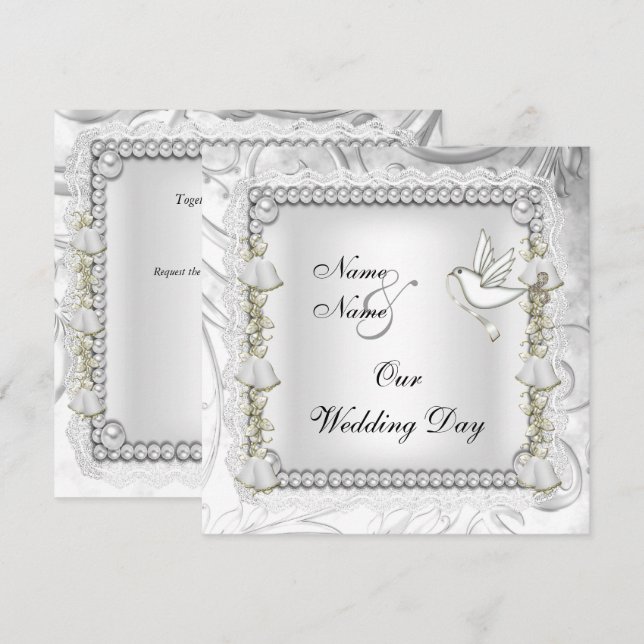 Invitation Mariage élégant or colombe blanche (Devant / Derrière)