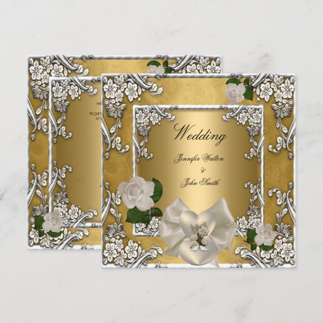 Invitation Mariage élégant or crème rose argent (Devant / Derrière)