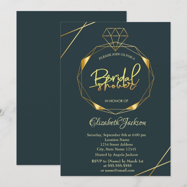 Invitation Mariage élégant or diamant Shower de fiançailles (Devant / Derrière)