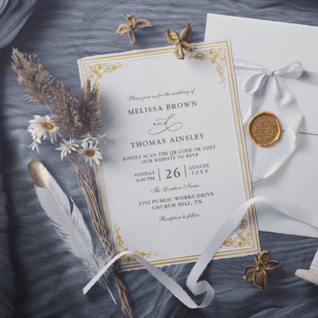 Invitation Mariage élégant or écru classique code QR budget (Créateur téléchargé)