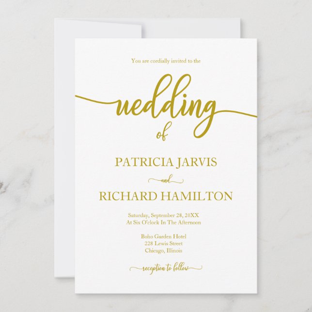 Invitation Mariage Élégant Or Et Blanc Calligraphie (Devant)