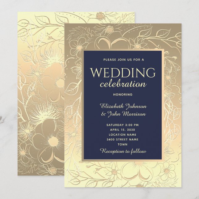 Invitation Mariage élégant or et bleu marine (Devant / Derrière)