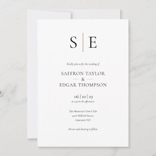Invitation Mariage Élégant Or Noir Monogramme (Devant)