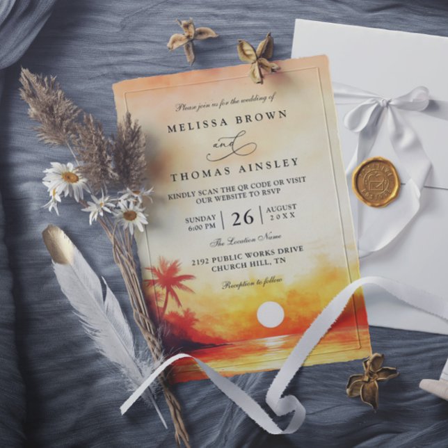 Invitation Mariage Élégant Orange Coucher de Soleil Tropical  (Créateur téléchargé)