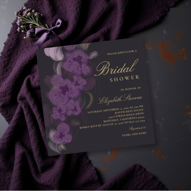 Invitation Mariage Élégant Orchidée Violet Foncé Or Moderne (moody bridal shower invitation purple orchids gold dark romantic elegant feminine )