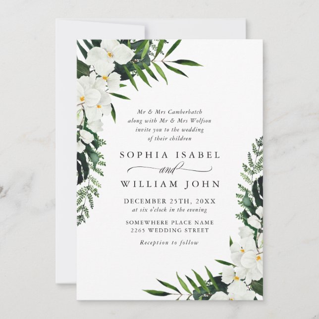 Invitation Mariage Élégant Orchidées Blanches Bohème Verdure (Devant)