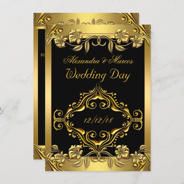 Invitation Mariage élégant Ornate Floral Black Gold (Devant / Derrière)