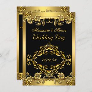 Invitation Mariage élégant Ornate Floral Black Gold