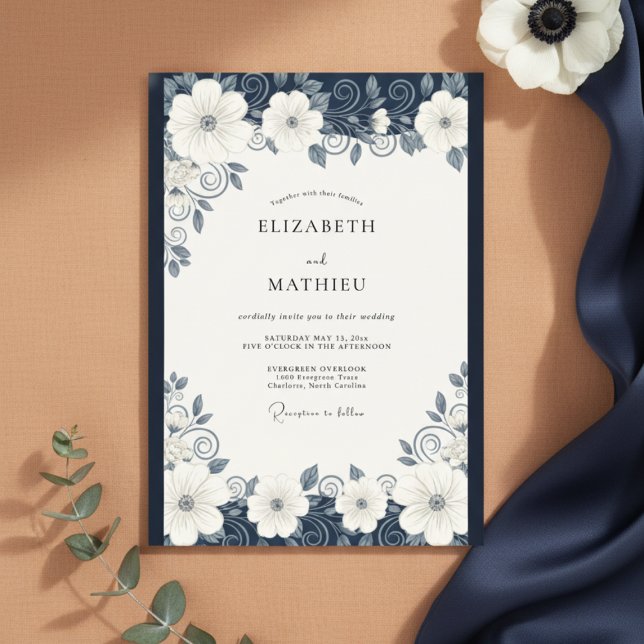 Invitation Mariage Élégant Orné Bleu Marine (Créateur téléchargé)