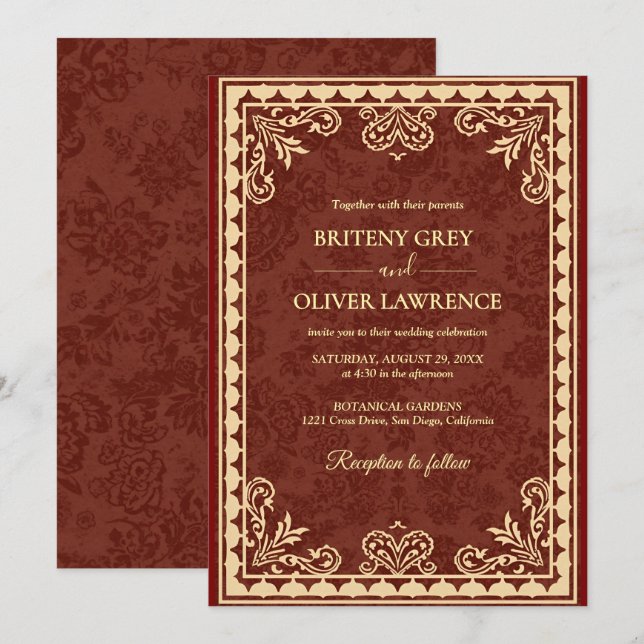 Invitation Mariage Élégant Orné de Bourgogne et de Feuille d' (Devant / Derrière)