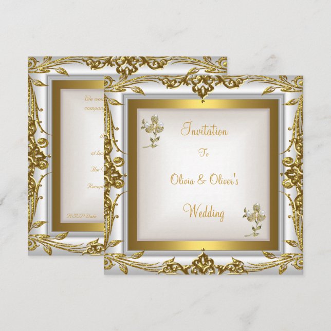 Invitation Mariage Élégant Orné Floral Blanc Or (Devant / Derrière)
