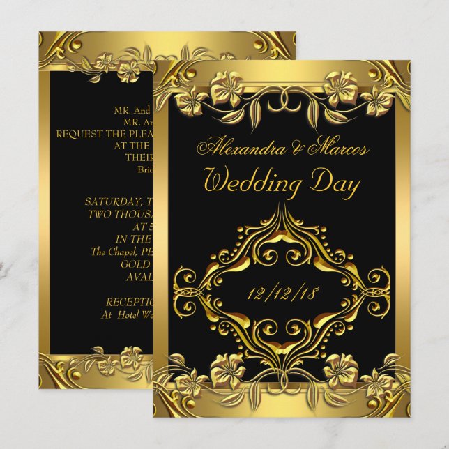 Invitation Mariage Élégant Orné Floral Noir Or (Devant / Derrière)