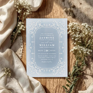 Invitation Mariage élégant orné vintage code qr bleu poussiér