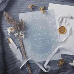 Invitation Mariage élégant orné vintage moderne bleu poussiér