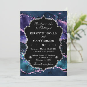 Invitation Mariage Élégant Pailleté Agate Rose et Violet