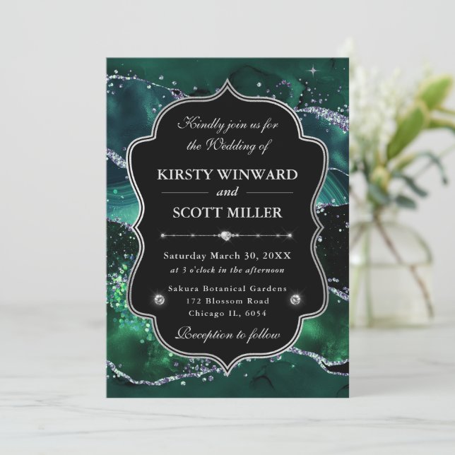 Invitation Mariage élégant pailleté agate vert et argent (Debout devant)