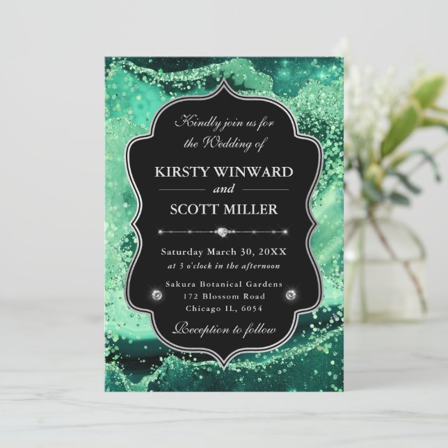 Invitation Mariage élégant pailleté agate vert et argent (Debout devant)